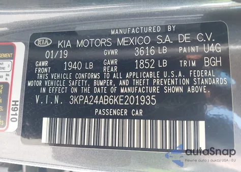 2019 Kia Rio S z USA, uszkodzony, nr VIN 3KPA24AB6KE201935
